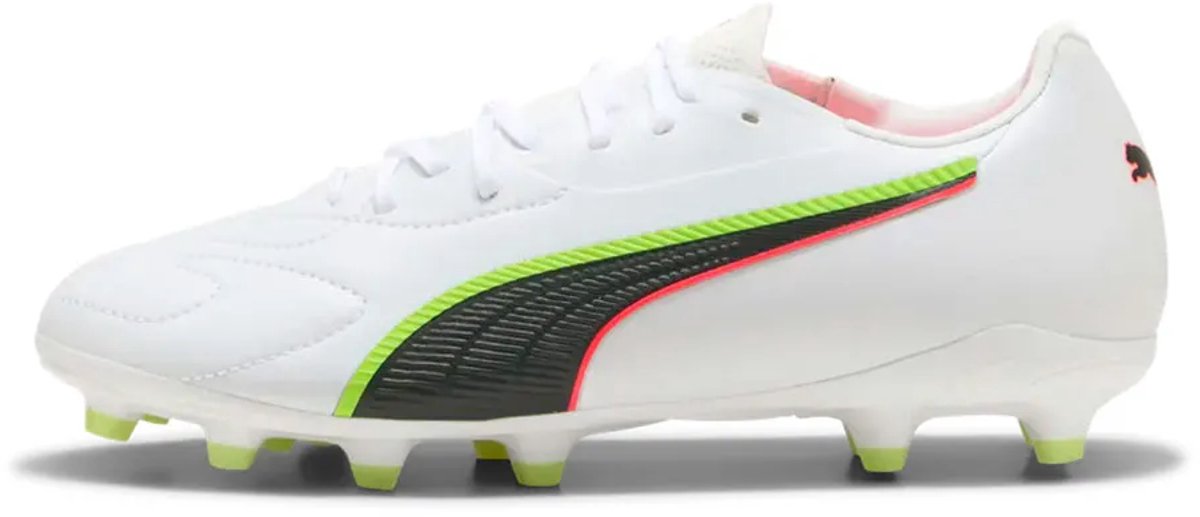 Puma King 20 voetbalschoenen in wit met zwarte en groene details, EU maat 38, ontworpen voor controle en comfort.