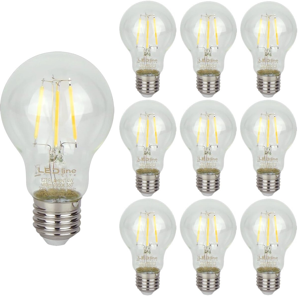 LED line LITE LED Filament Lamp A60 E27 - 4W (vervangt 40W) - 480lm - Ø60mm - 230V - Energiezuinig - 10 stuks