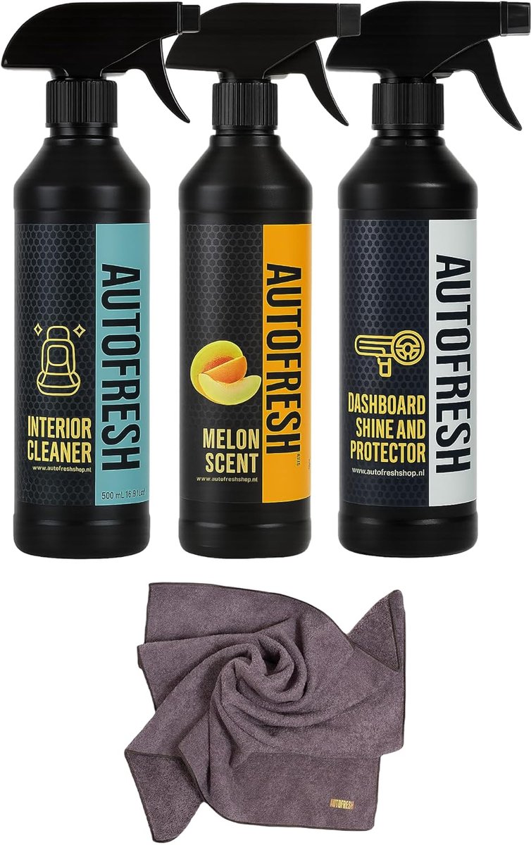 AutoFresh Interior Detailing Set (4 stuks),Auto Detailing Interior Set, Auto was set, Meloen Luchtverfrisser – 500 ml,Dashboard Glans- en Beschermingsspray – 500 ml,Interieurreiniger – 500ml, Microvezel Doek 50x70cm