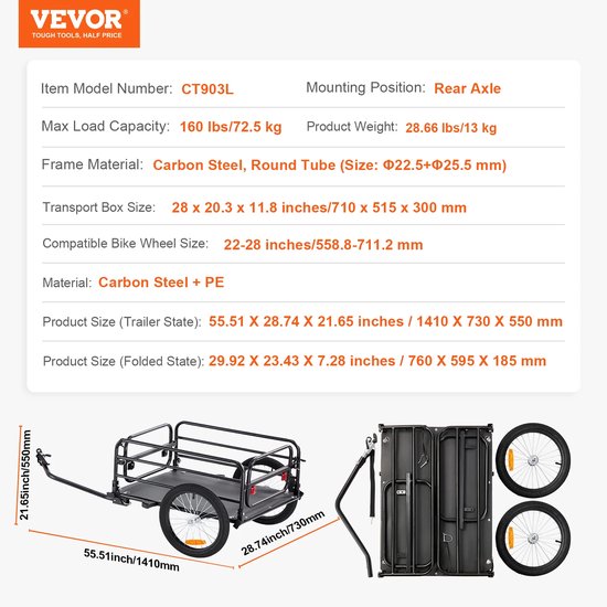 Jessi Store - Fietskar - Fiets kar - Fietsaanhanger - Bagagefietskar - Opvouwbaar - 72,5kg draagvermogen - 141 x 73 x 55 cm van Merkloos — afbeelding 4