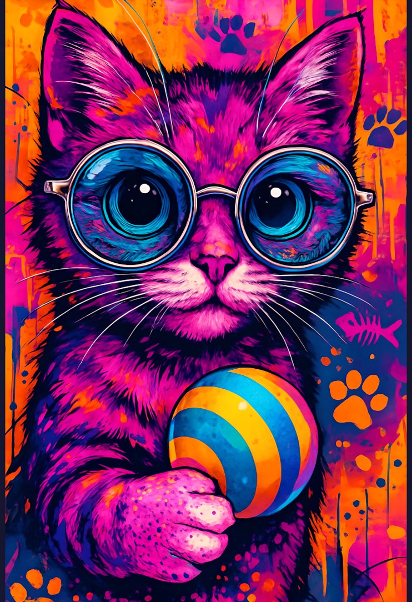 Coole kat met bril kunstprint - kleurrijke graffiti-stijl kitten - glanzende A4-poster voor eclectische interieurdecoratie