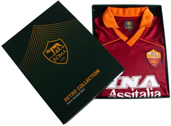 Retro voetbalshirt van AS Roma in een geschenkdoos. Het shirt is wijnrood met oranje details en het logo 'INA Assitalia'.