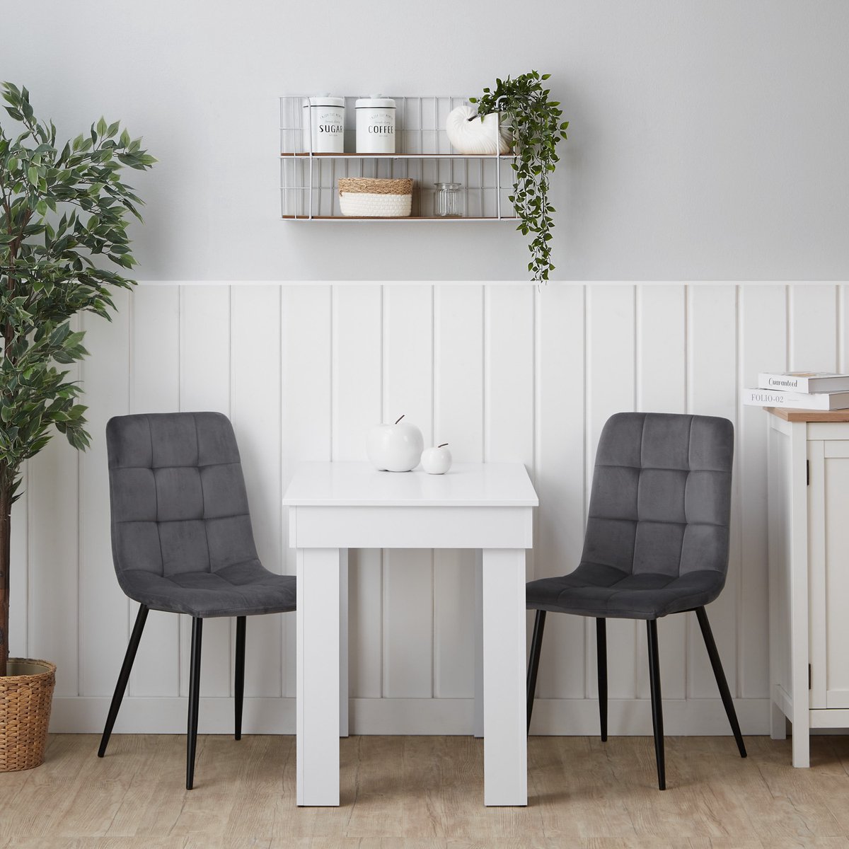 Homestyle4u Eethoeken - 90x60 cm - met 2 stoelen - Eettafel wit - en gestoffeerde Stoelen - Grijs