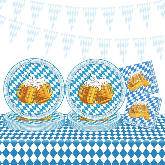 Boraboi® Complete set Oktoberfest servetten en borden voor feestelijke tafeldecoratie,Blauw wit,33 cm