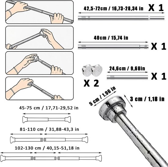 Intirilife telescoopstang in ZILVER 120-227 cm- Uitschuifbare stang