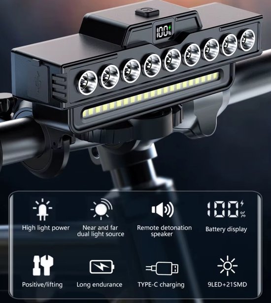9 LED Fiets Koplamp Oplaadbare MTB Lamp Type-C - Fietslamp met Digitale Weergave en 7 Lichtmodi voor Nachtveiligheid — afbeelding 2
