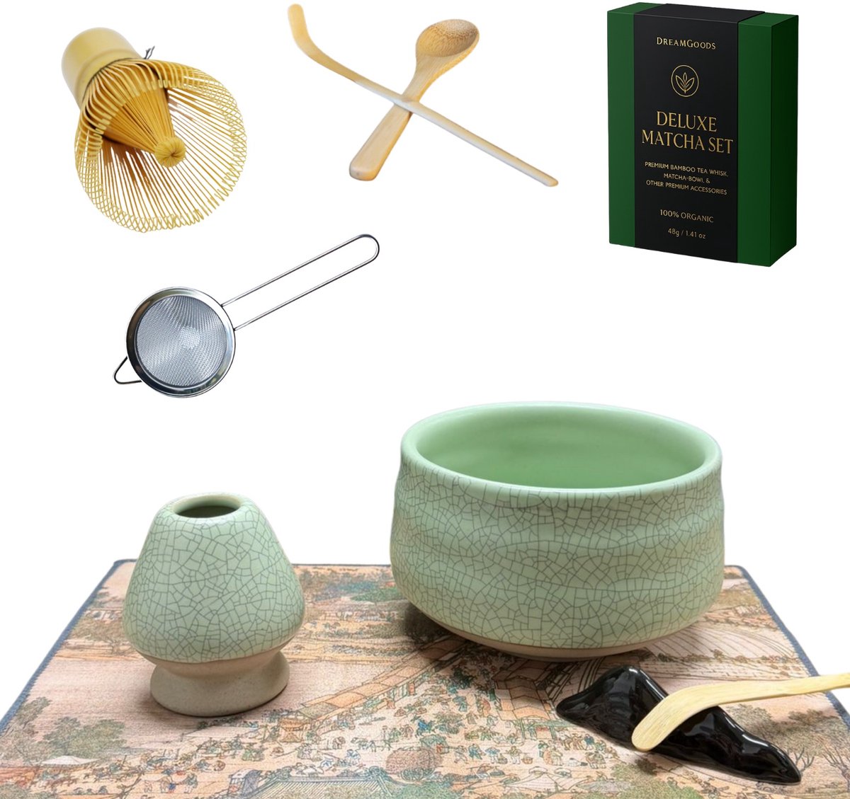 DreamGoods Deluxe Matcha Set – Compleet 7-delig – Traditionele Japanse Theeset – Handgemaakte Keramische Kom – Bamboe Whisk - met Houder - Zeef, Klopper & Accessoires – Inclusief Mat - Roze - Complete Starterskit - Groene Matcha set