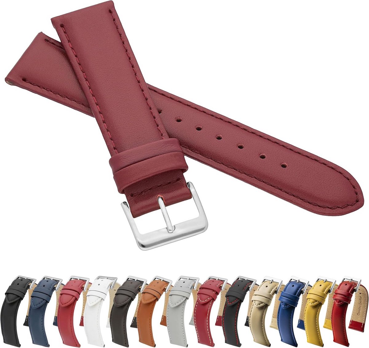 Horlogeband van echt leer zwart glad 24 mm