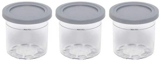 Drie transparante bewaarbakjes met grijze deksels, met 'MAX FILL' markering.