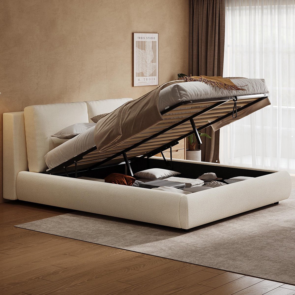 KOMHTOM BLACKCOLORS Gestoffeerd bed, tweepersoonsbed, 180*200 cm, functioneel hydraulisch bed, bed met lattenbodem, hoofdeinde en grote opbergruimte, gestoffeerd hoofdeinde, beige bouclé