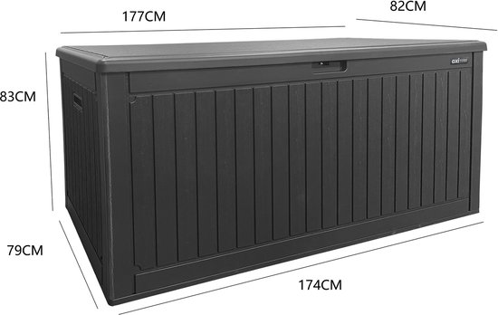Afmetingen van een zwarte kunststof tuinopbergbox: 177cm lang, 82cm breed, 83cm hoog. L174cm, B79cm, H83cm.