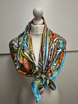 Vierkante dames sjaal Peggy-gebloemd motief-turquoise blauw wit bruin rood groen zwart teal okergeel-90x90