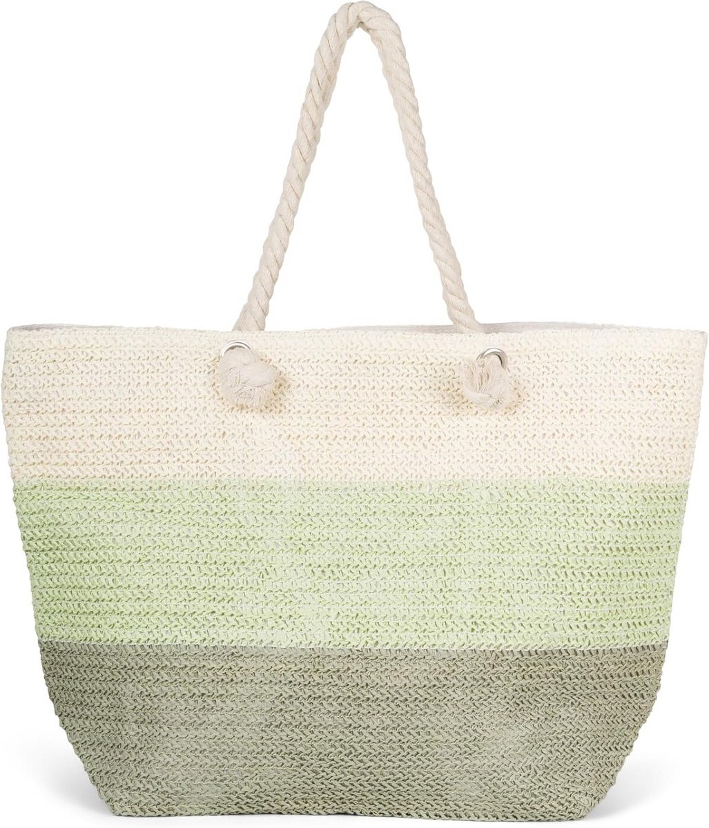 Grote Gevlochten Strandtas Dames met Strepen en Ritssluiting - Papieren Riet Shopper