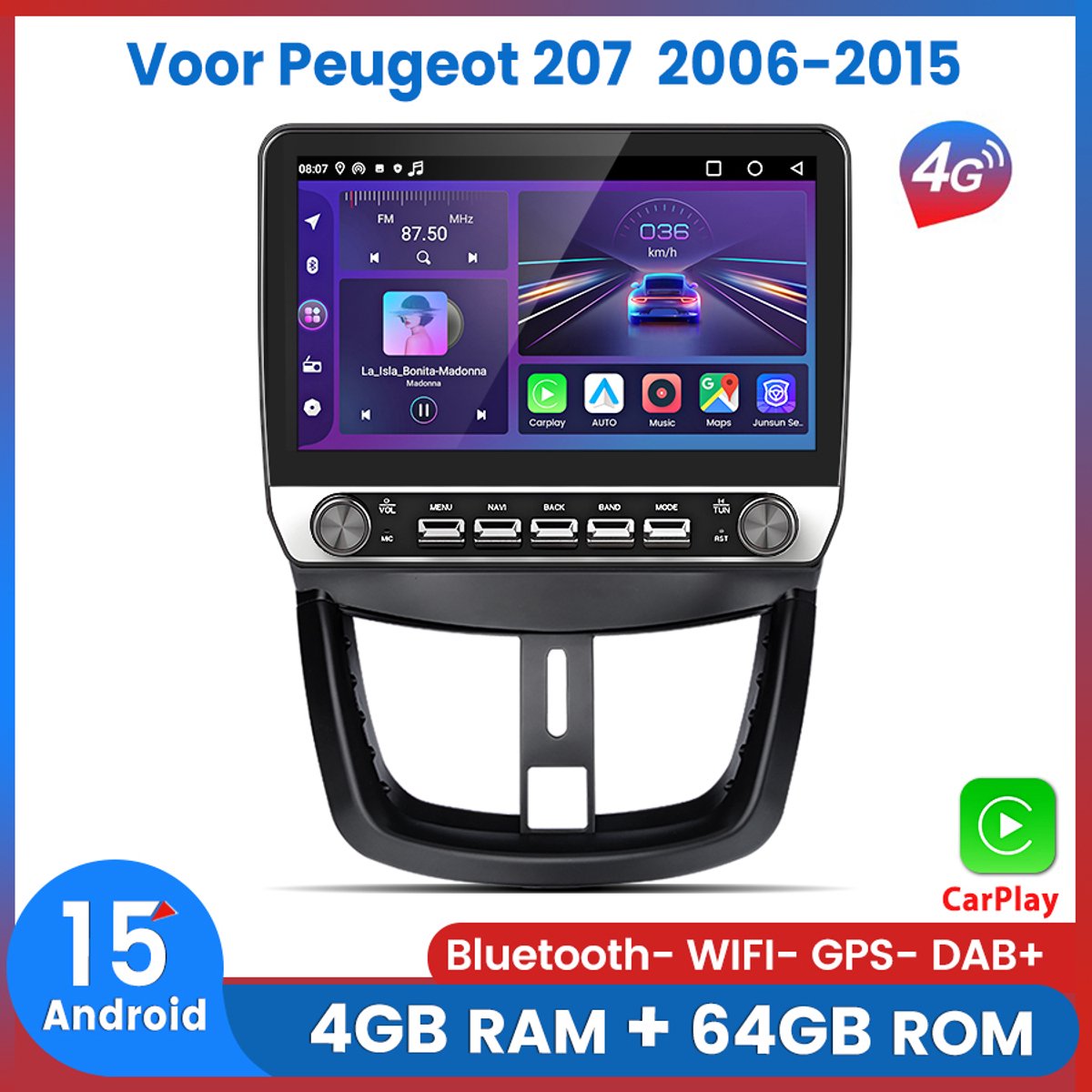 Awesafe 10.1 Inch 8-Core 4+64GB Autoradio - Geschikt Voor Peugeot 207 2006 t/m 2015 - Draadloze Carplay Android Auto - Touchscreen - GPS Navigatie 4G WiFi - Bluetooth Radio - 2006 2007 2008 2009 2010 2011 2012 2013 2014 2015