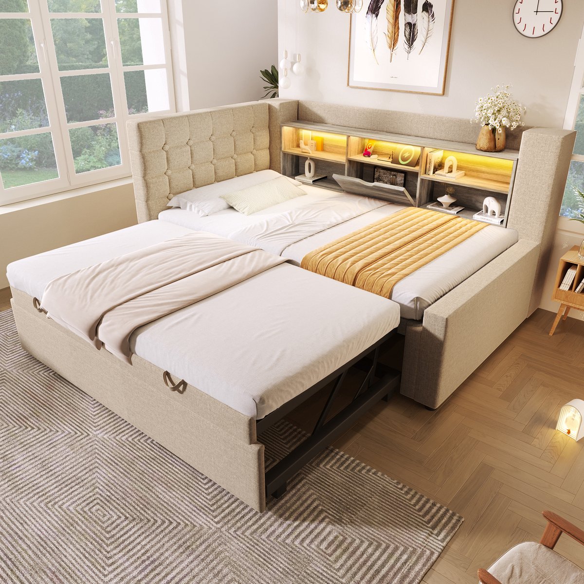 STILVORA Gestoffeerd bed 90x200cm – Eenpersoonsbed met Uitschuifbed 90x190cm & LED – Hoofdeinde met USB-laders – Linnen/Metaal – Beige – Zonder matras