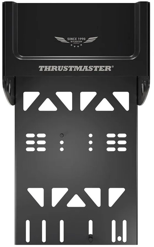 Achterkant van een zwarte metalen Thrustmaster Flying Clamp tafelklem met logo.