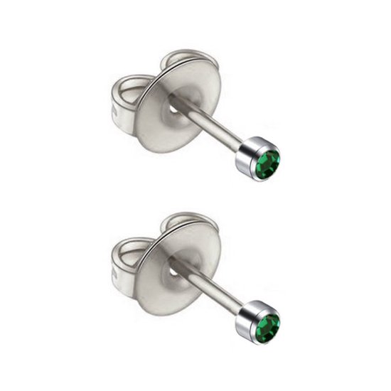 Mini boucles d'oreilles en acier couleur argent avec petit cristal vert de 3mm pierre de naissance mai emballée stérilement convient pour pistolet à percer les oreilles