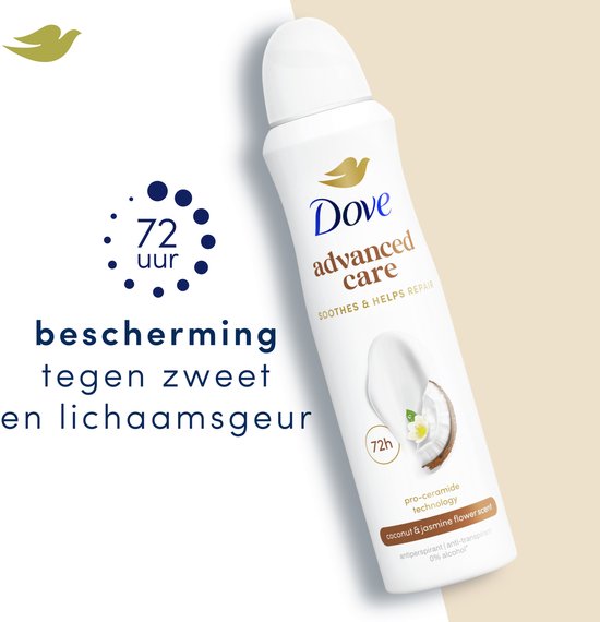 Dove Advanced Care deodorant spuitbus met kokosnoot en jasmijn bloem op de voorgrond. 72 uur bescherming tegen zweet.