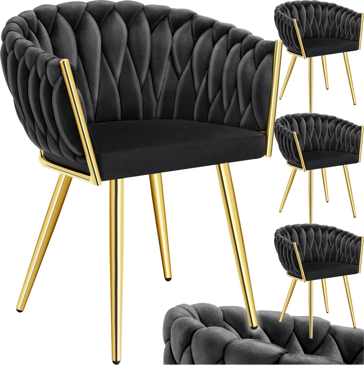 Tectake Set van 4 Fluwelen eetkamerstoelen - Kuipstoel met armleuning in knooplook - Eetkamerstoel - Moderne eetkamerstoel voor woonkamer en eetkamer - Keukenstoel - Kaptafelstoel - Slaapkamerstoel - Diverse kleuren - Zwart/Goud