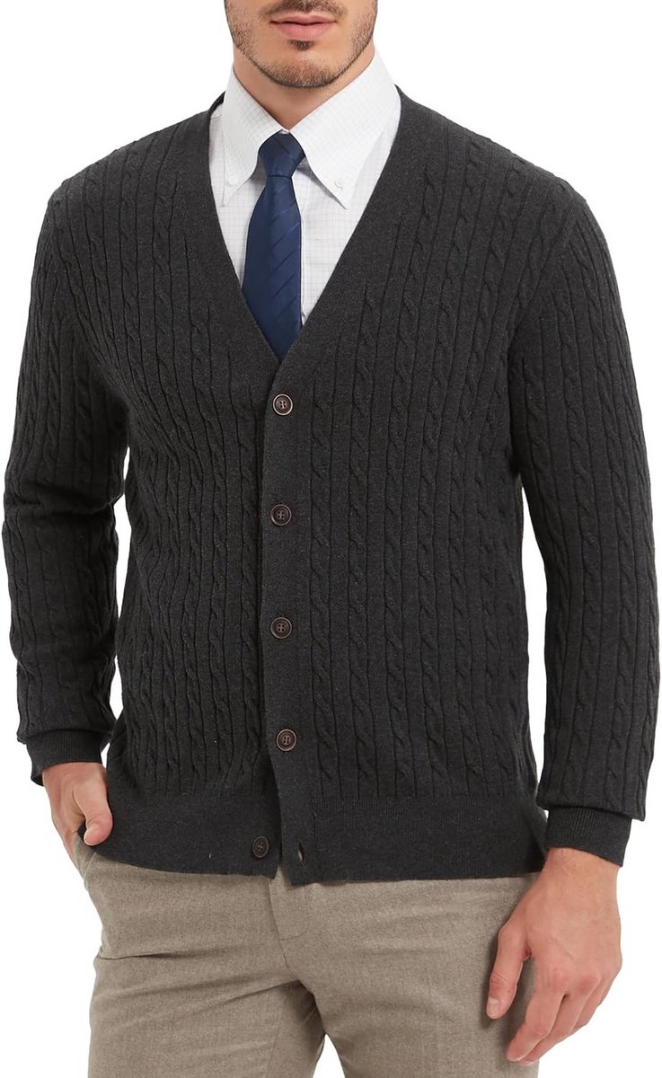 Kabelgebreide Cardigan voor Heren - Pure Katoen V-hals Trui met Knopen