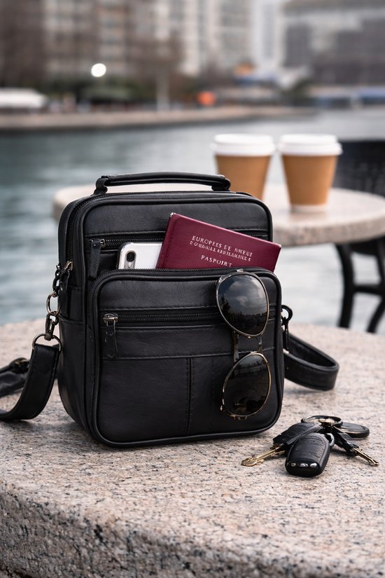 THL Design - Petit sac bandoulière en cuir pour homme et femme - Cuir véritable - Zwart