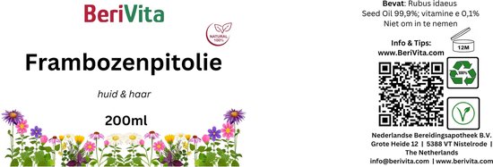 Close-up van een etiket voor frambozenpitolie met ingrediënten en bloemen.