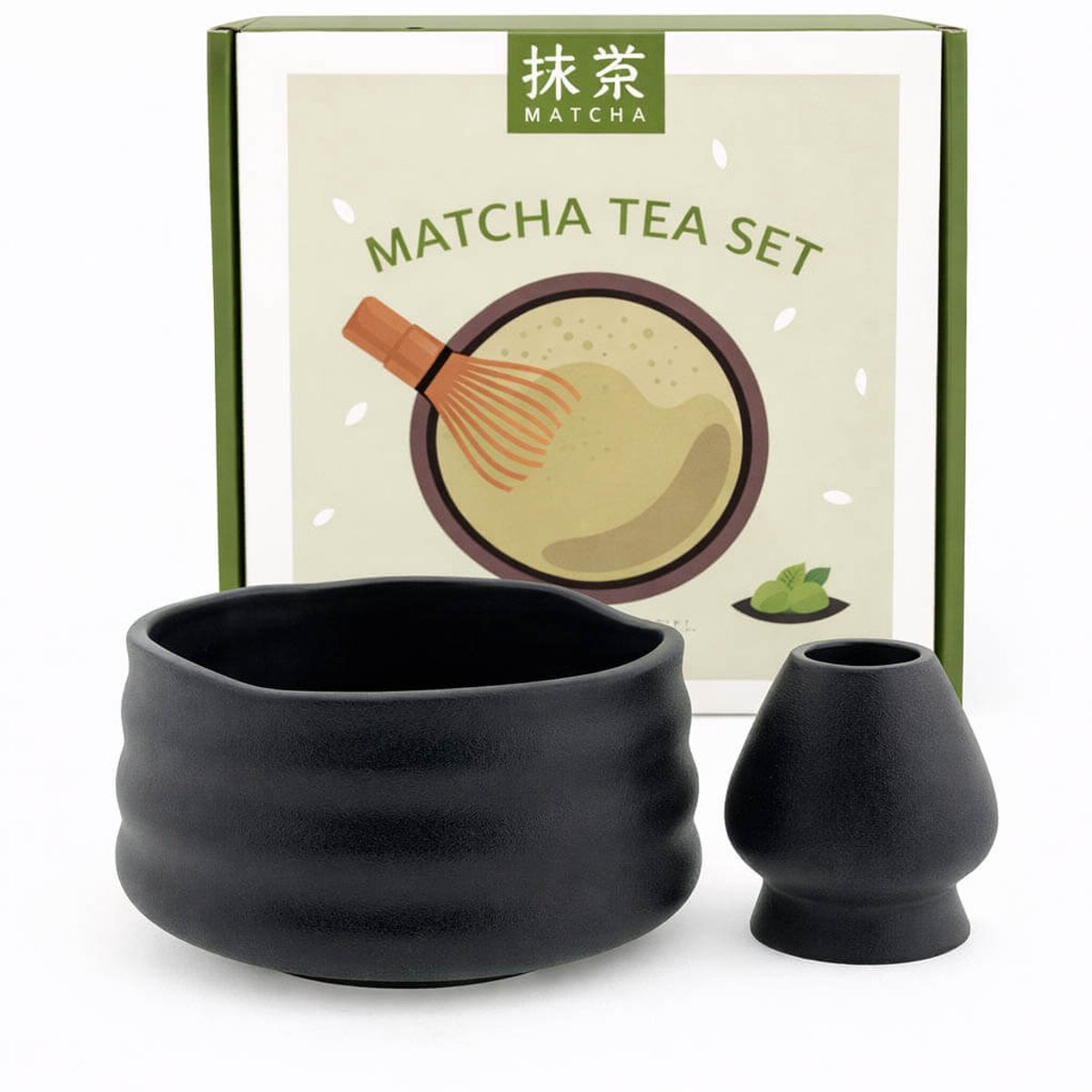 Matcha set in giftbox terra 2-delig– zwart – keramische matcha kom met schenktuit & houder voor bamboe klopper – Japans matcha ritueel – stijlvol thee cadeau