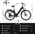 Afmetingen van een zwarte elektrische fiets, inclusief totale lengte, stuurhoogte, wielbasis, standhoogte, boventubelengte, wieldiameter en stuurlengte.