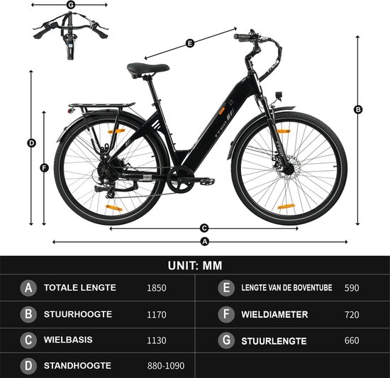 Afmetingen van een zwarte elektrische fiets, inclusief totale lengte, stuurhoogte, wielbasis, standhoogte, boventubelengte, wieldiameter en stuurlengte.