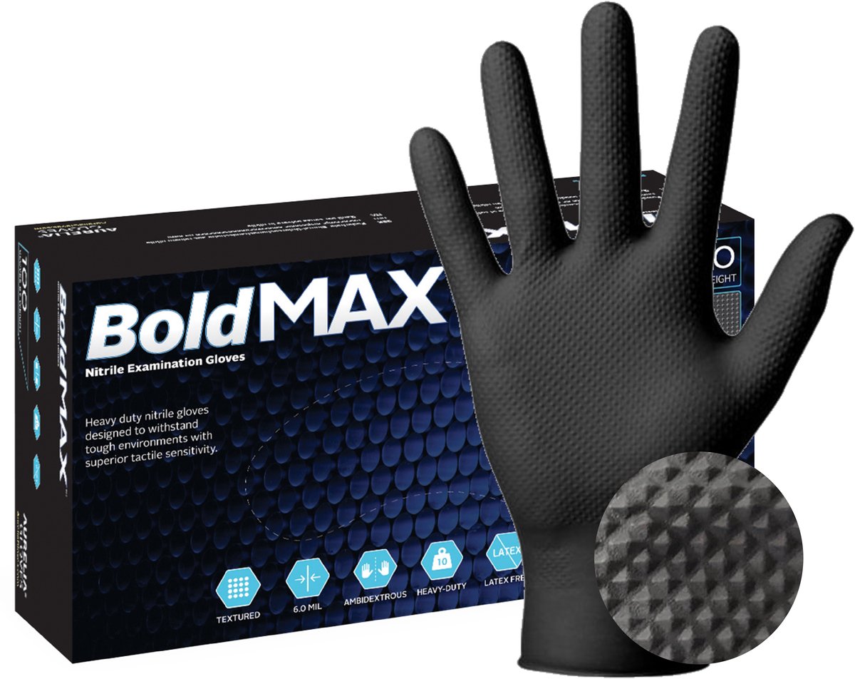 Aurelia Bold 50 wegwerphandschoenen – Onderzoekshandschoenen – Nitril – Extra grip – Zwart – 50 stuks – Maat L