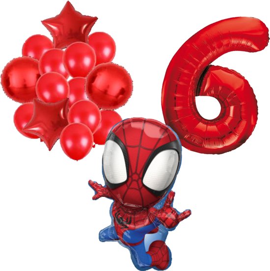 Un ballon chiffre 6 rouge Spiderman, accompagné d'une grappe de ballons rouges en étoile et ronds.