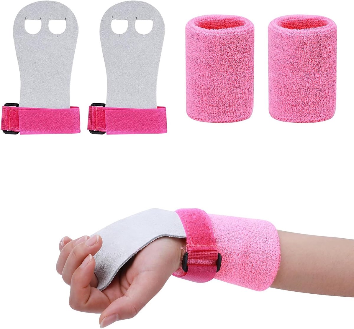 1 Paar Gymnastics Grip Pads met 1 Paar Armbanden voor Kinderen - Gymnastiek Accessoires - Kettlebell Set - Grip Padding - Kracht Sporten - Kind Beschermset - Geschikt voor Meisjes en Jongens