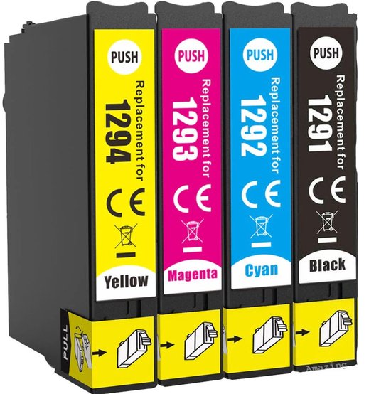 Vier inktcartridges: geel (1294), magenta (1293), cyaan (1292) en zwart (1291). Met "Push" en "Pull" instructies.