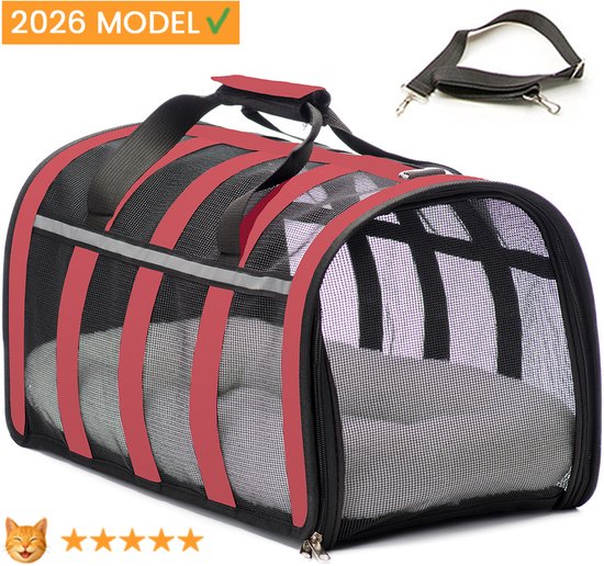 Katten reismand - 47x27x25cm - Reismand kat - Rood - Opvouwbaar met schouderband en comfortabele mat - Kattenmand - Extra stevig & veilig model