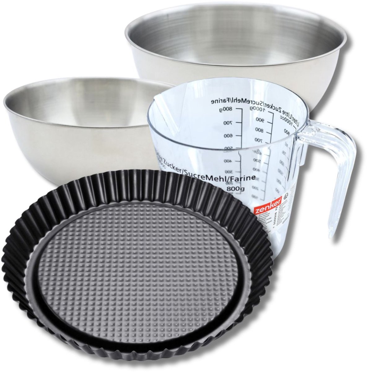 Bakkerset met omgekeerde taartvorm 28 cm, 2 mengkommen, maatbeker en spatel Zenker