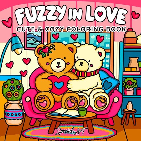 Boekomslag 'Fuzzy in Love' met twee knuffelberen op een roze bank, die een hart vasthouden.