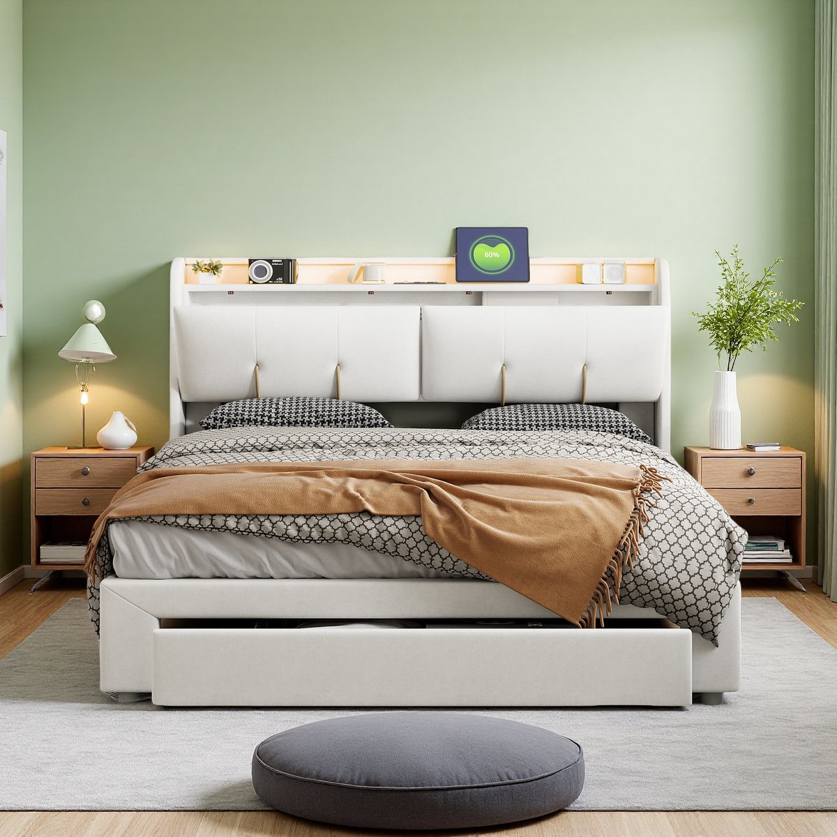 SHOPENTRA Opbergbed 160x200 cm beige fluweel met LED-hoofdbord, USB-oplaadpoort en hydraulische opbergruimte, modern gestoffeerd tweepersoonsbed thumbnail 5