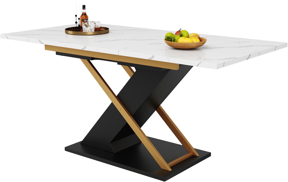 Uitrekbare Eettafel / Keukentafel - Uitrekbaar van 120 tot 160 cm - Marmer Look & Gouden K