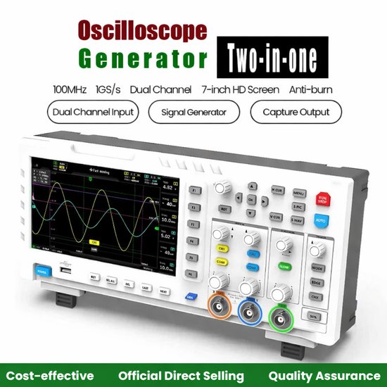 Oscilloscope numérique blanc avec accent gris, l'écran affiche des ondes et le texte 'Oscilloscope Generator Two-in-one'.