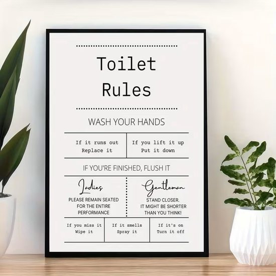 Affiche sur toile – Affiche toilettes – Toilet rules – Affiche salle de bain – Texte humoristique – Design minimaliste – Décoration murale – Décoration murale sur toile – Sans cadre – 20x30 cm