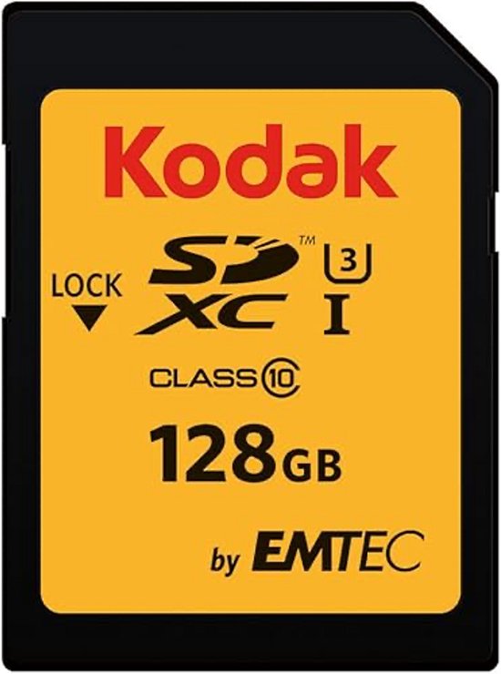 Kodak 128GB SDXC Klasse 10 UHS-I U3 geheugenkaart met een geel label.