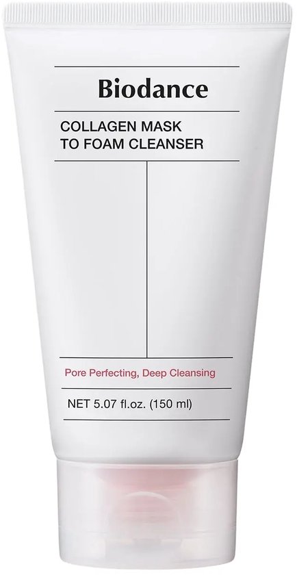 Witte tube van Biodance met de tekst 'Collagen Mask To Foam Cleanser', 'Pore Perfecting, Deep Cleansing' en 'NET 5.07 fl.oz. (150 ml)'.