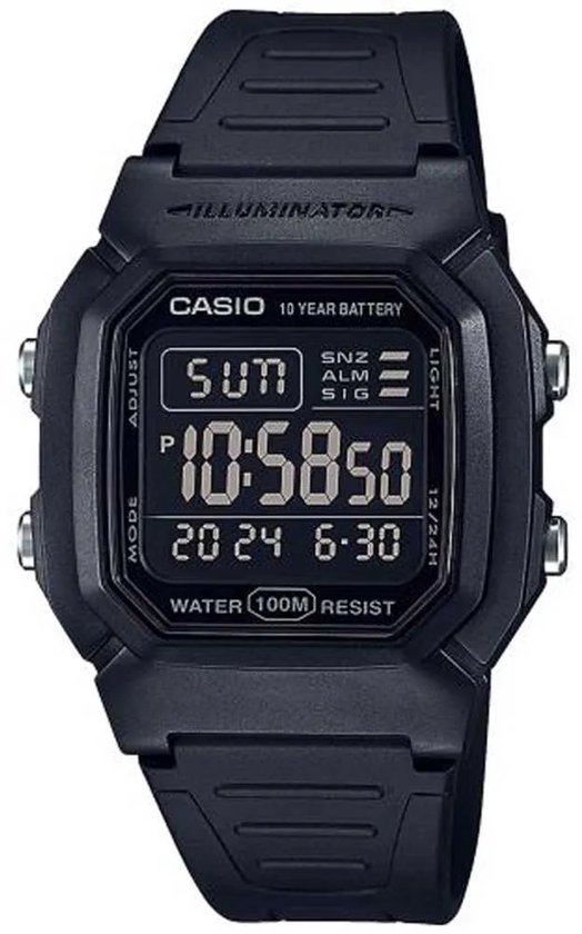 Zwarte Casio polshorloge met Illuminator, 10 jaar batterij, waterbestendig, digitale tijdweergave 10:58:50.