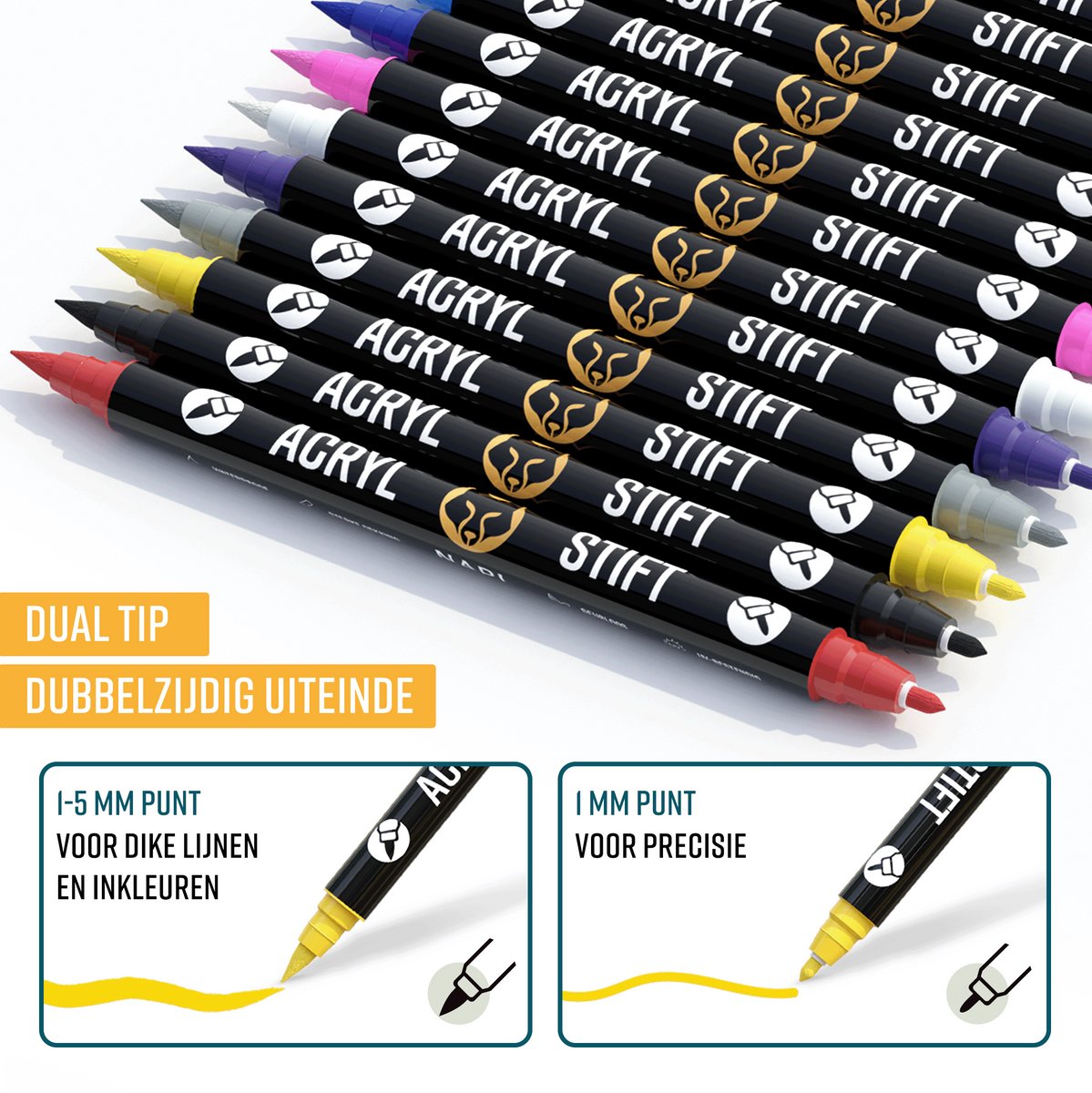 Napi Acrylstiften 36st - Brush en Fine Tip Twinmarkers - Verfstiften Happy Stones - Stenen Schilderen met Acryl Verf Marker Stiften - Volwassenen en Kinderen - Incl. 2 Mandala Sjablonen — afbeelding 2