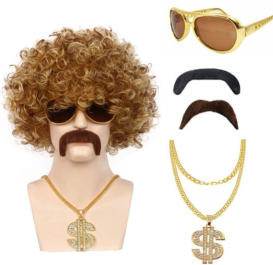 Pruik Rocker - Carnavalskostuum pruik voor heren - met zonnebril, halsketting, baard - Disco Foute Party - Heren Retro Verkleedkleding - jaren 70 en 80 outfit - voor rocker disco, punk, hippie, mannen, carnaval, pruik