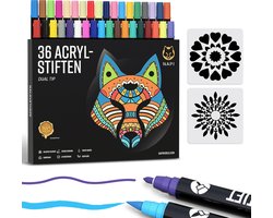 Napi Acrylstiften 36st - Brush en Fine Tip Twinmarkers - Verfstiften Happy Stones - Stenen Schilderen met Acryl Verf Marker Stiften - Volwassenen en…