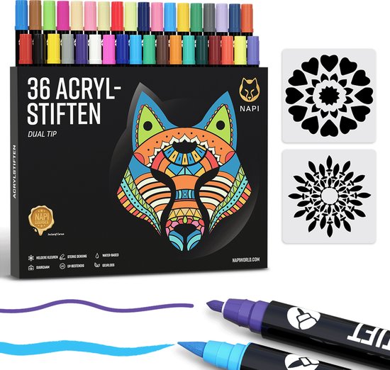 NAPI 36 Acrylstiften Dual Tip - Twinmarkers - Verfstiften Happy Stones - Stenen Schilderen met Acryl Verf Marker Stiften - Volwassenen en Kinderen - Incl. 2 Mandala Sjablonen