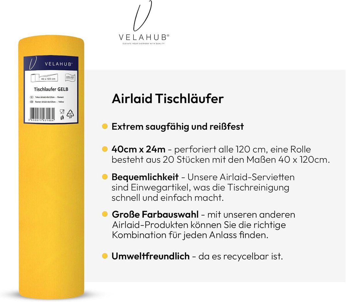 Tafelloper Airlaid 40 cm Breed op Rol 24 Meter Lang Geel