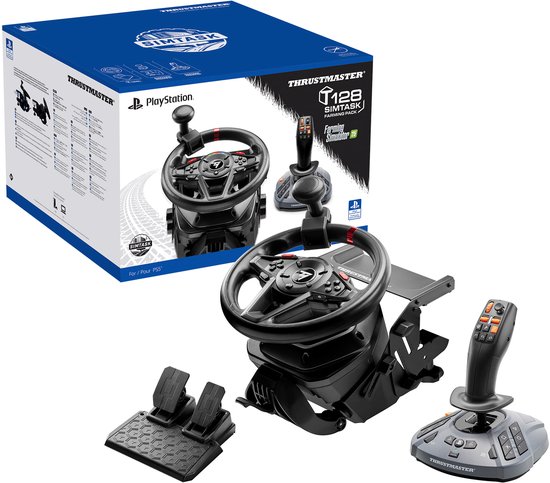 Thrustmaster T128 Simtask Farming Pack met racestuur, pedalen, joystick en doos.
