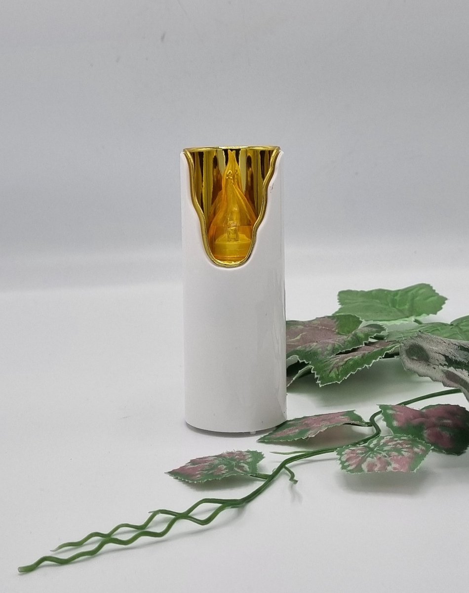 Led kaars - Dekor - Warm wit - 1440 branduren - Wit/Goud - Incl. batterij - Grafkaars - Led